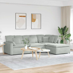 Sofá modular com pufes e almofadas veludo cinzento-claro