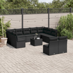 12 Pcs conjunto de sofás de jardim c/ almofadões vime PE preto