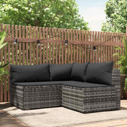 3 Pcs conjunto lounge de jardim c/ almofadões vime PE cinzento
