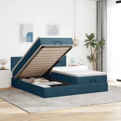 Estrutura de cama otomana com colchão azul escuro veludo