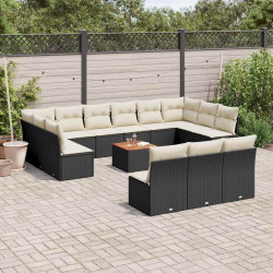 14 Pcs conjunto de sofás p/ jardim c/ almofadões vime PE preto