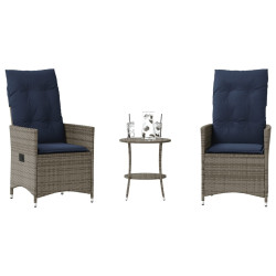 Conjunto bistro de 3 peças com almofadas em rattan sintético cinza