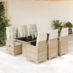 7 Pcs conjunto de bistrô para jardim c/ almofadões vime PE bege