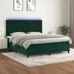 Cama box spring c/ colchão/LED 160x200 cm veludo verde-escuro
