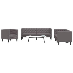 3 Pcs conjunto de sofás chesterfield couro artificial cinzento