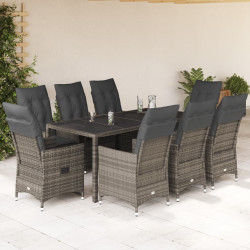 9 Pcs conjunto de jantar p/ jardim c/ almofadões vime PE cinza