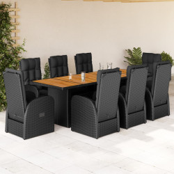 9 Pcs conjunto de jantar p/ jardim c/ almofadões vime PE preto