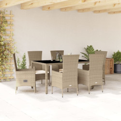 7 Pcs conjunto de jantar p/ jardim com almofadões vime PE bege