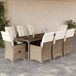 9 Pcs conjunto de jantar p/ jardim com almofadões vime PE bege