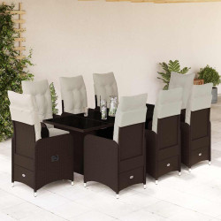 9 Pcs conjunto bistrô de jardim c/ almofadões vime PE castanho