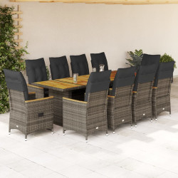 11 Pcs conjunto bistrô de jardim c/ almofadões vime PE cinzento