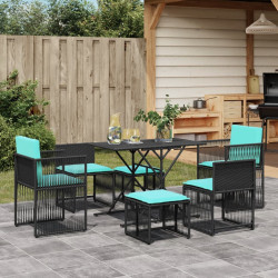 Conjunto de jantar para jardim com 7 peças e almofadas, em rattan sintético preto