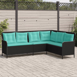 Sofá de jardim em formato de l, em rattan sintético preto, com almofadas