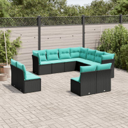 Conjunto de sofá de jardim com 11 peças e almofadas em rattan sintético preto