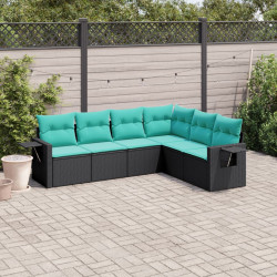 Conjunto de sofá de jardim com 6 peças e almofadas em rattan sintético preto