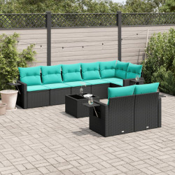 Conjunto de sofá de jardim de 9 peças com almofadas em rattan sintético preto