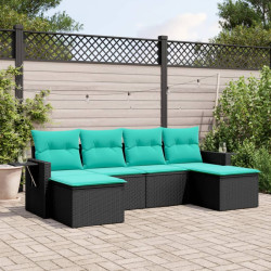 Conjunto de sofá de jardim com 6 peças e almofadas em rattan sintético preto