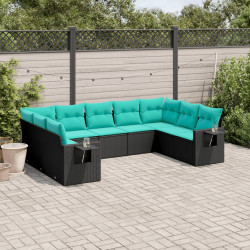 Conjunto de sofá de jardim de 9 peças com almofadas em rattan sintético preto