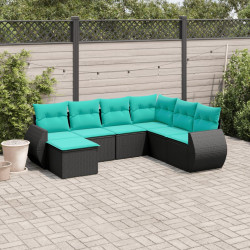 Conjunto de sofá de jardim com 7 peças e almofadas em rattan sintético preto