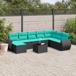 Conjunto de sofá de jardim de 9 peças com almofadas em rattan sintético preto