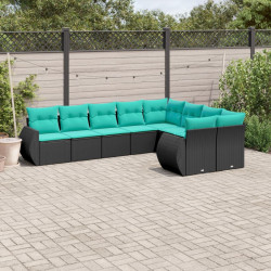Conjunto de sofá de jardim de 9 peças com almofadas em rattan sintético preto