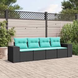 Conjunto de sofá de jardim com 4 peças e almofadas em rattan sintético preto