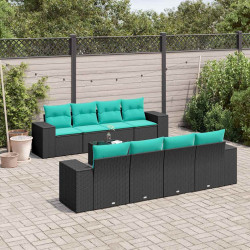Conjunto de sofá de jardim de 9 peças com almofadas em rattan sintético preto