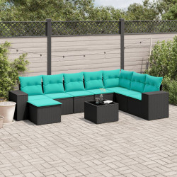 Conjunto de sofá de jardim de 9 peças com almofadas em rattan sintético preto