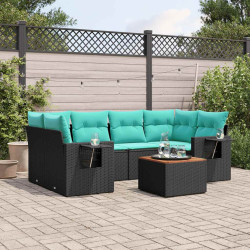 Conjunto de sofá de jardim com 7 peças e almofadas em rattan sintético preto