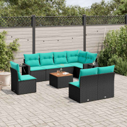 Conjunto de sofá de jardim de 9 peças com almofadas em rattan sintético preto