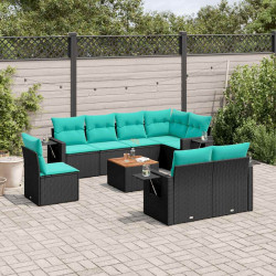 Conjunto de sofá de jardim de 9 peças com almofadas em rattan sintético preto