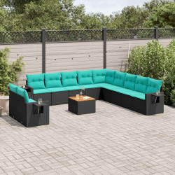 Conjunto de sofá de jardim com 12 peças e almofadas em rattan sintético preto