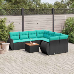 Conjunto de sofá de jardim de 9 peças com almofadas em rattan sintético preto