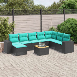 Conjunto de sofá de jardim de 9 peças com almofadas em rattan sintético preto