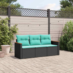 Conjunto de sofá de jardim de 3 peças com almofadas em rattan sintético preto