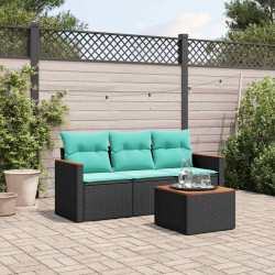 Conjunto de sofá de jardim com 4 peças e almofadas em rattan sintético preto