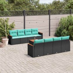 Conjunto de sofá de jardim de 9 peças com almofadas em rattan sintético preto