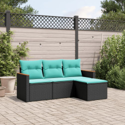 Conjunto de sofá de jardim com 4 peças e almofadas em rattan sintético preto