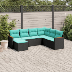 Conjunto de sofá de jardim com 7 peças e almofadas em rattan sintético preto