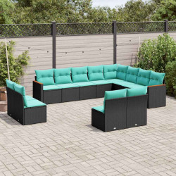 Conjunto de sofá de jardim com 12 peças e almofadas em rattan sintético preto
