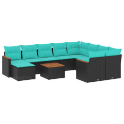 Conjunto de sofá de jardim com 11 peças e almofadas em rattan sintético preto