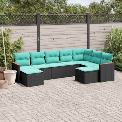 Conjunto de sofá de jardim de 9 peças com almofadas em rattan sintético preto