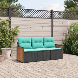 Conjunto de sofá de jardim de 3 peças com almofadas em rattan sintético preto