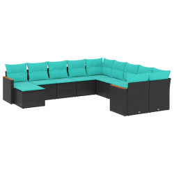Conjunto de sofá de jardim com 11 peças e almofadas em rattan sintético preto