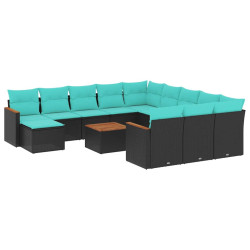 Conjunto de sofá de jardim com 13 peças e almofadas em rattan sintético preto