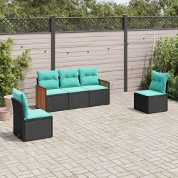 Conjunto de sofá de jardim de 5 peças com almofadas em rattan sintético preto