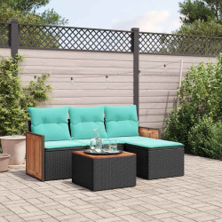 Conjunto de sofá de jardim de 5 peças com almofadas em rattan sintético preto