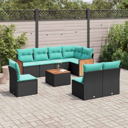 Conjunto de sofá de jardim de 9 peças com almofadas em rattan sintético preto