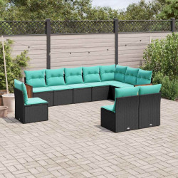 Conjunto de sofá de jardim com 10 peças e almofadas em rattan sintético preto