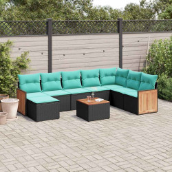 Conjunto de sofá de jardim de 9 peças com almofadas em rattan sintético preto